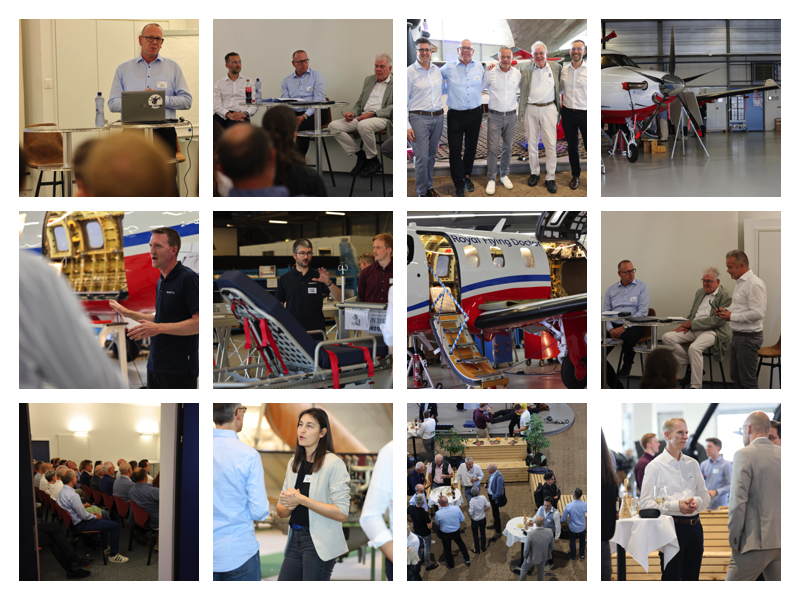 Photo collage from the HSG Alumni Hidden Champions event at Aerolite AG at the Flieger-Flab-Museum in Dübendorf: presentation, tour of the hangar and an air ambulance aircraft, cabin interiors for rescue helicopters, panel discussion and apéro.